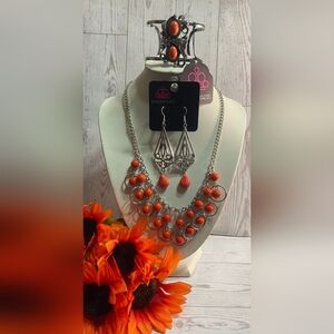Paparazzi 3 piece Vibrant Orange and Silver Necklace Set